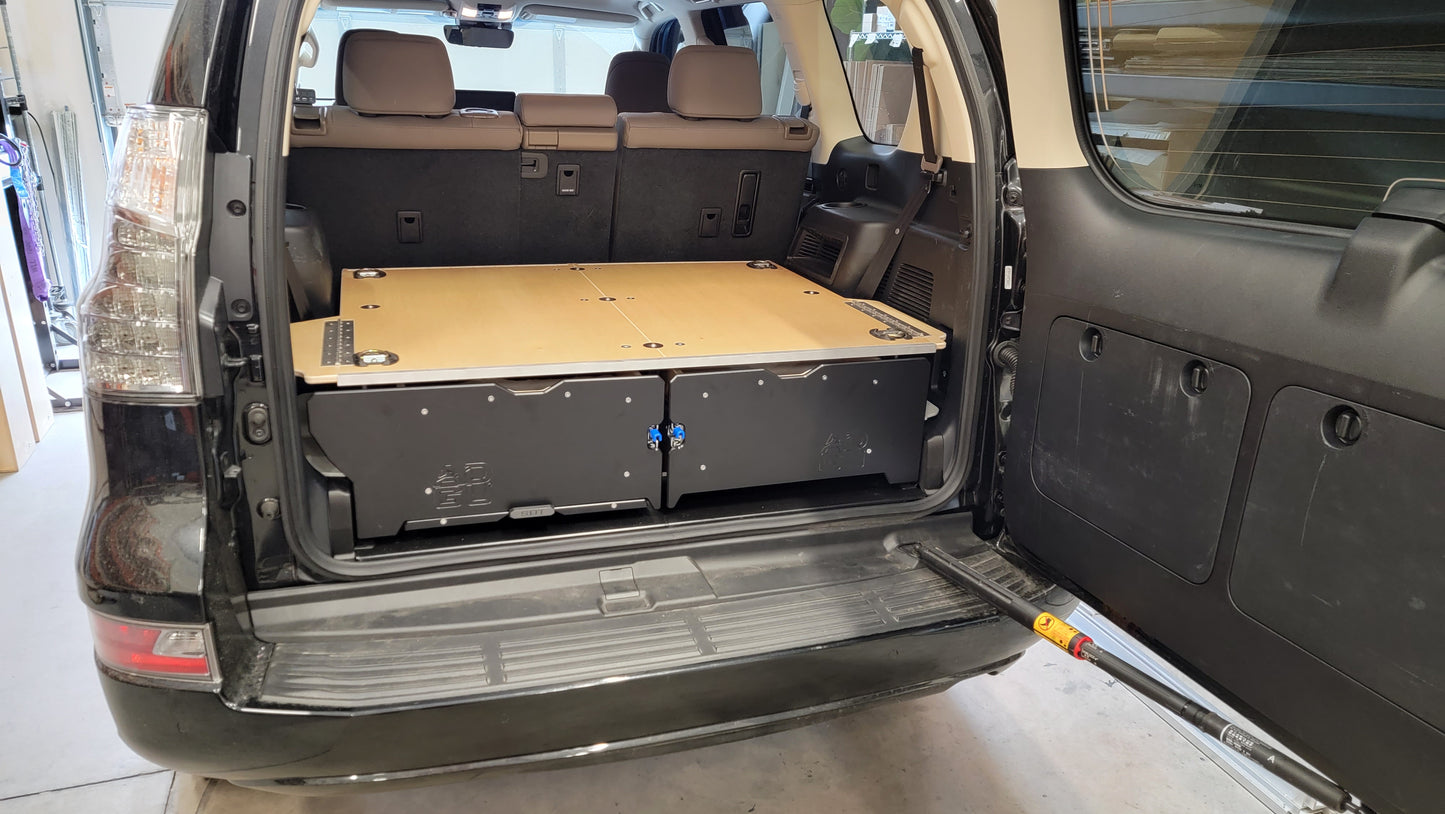 GX460 drawer system with sleeping platform for vehicle organization