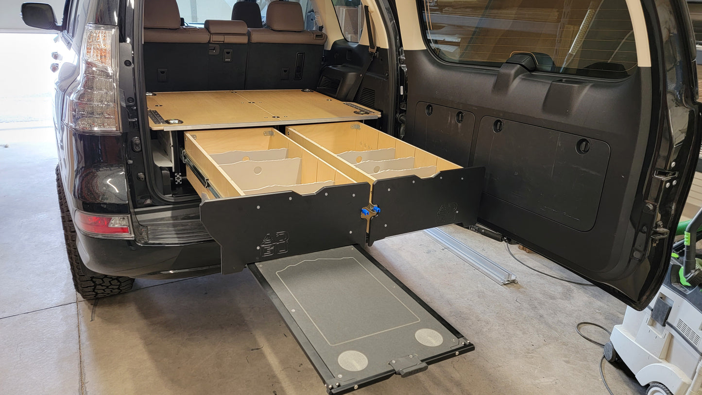 GX460 drawer system with sleeping platform for vehicle organization