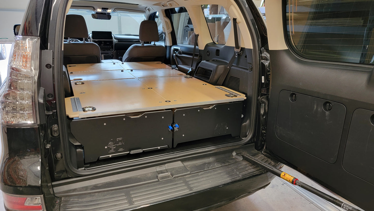 GX460 drawer system with sleeping platform for vehicle organization