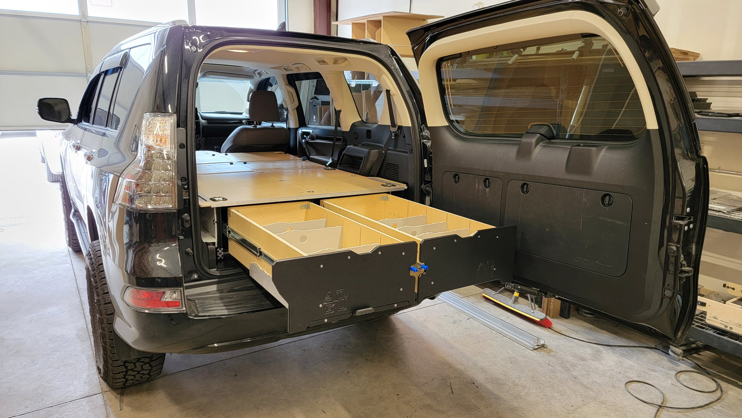 GX460 drawer system with sleeping platform for vehicle organization