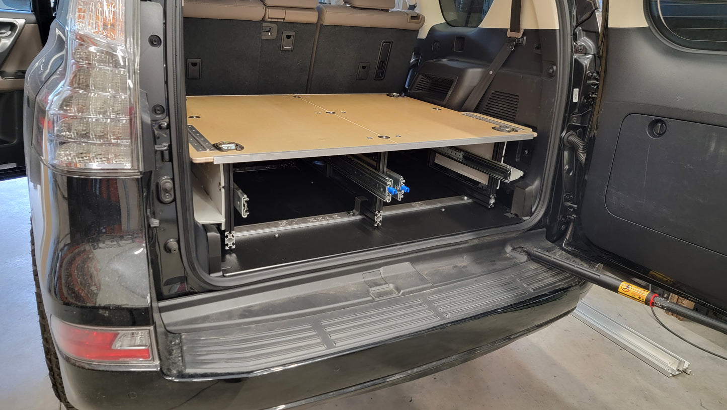 GX460 drawer system with sleeping platform for vehicle organization